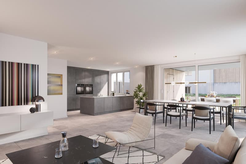The image shows a modern, open-concept living room and kitchen area. The kitchen features sleek, gray cabinets and built-in appliances. The living room has a large dining table with chairs, and a comfortable seating area with a sofa and armchair. The spac