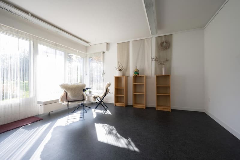 Empty room with carpet, 2 armchairs, 3 shelves, and window curtains.