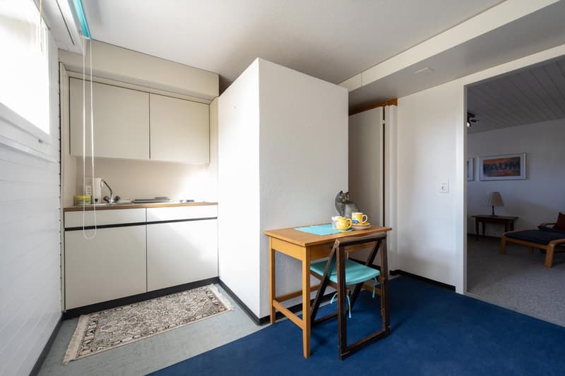 modern kitchen with a table, cabinets, and blue carpet