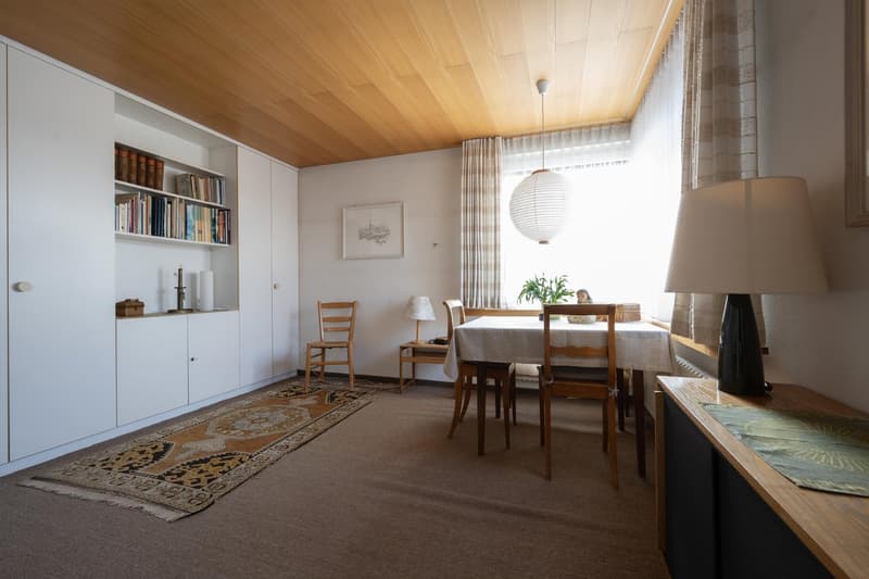 dining area with table, chairs, and shelves with books, a wooden rug, and lamps