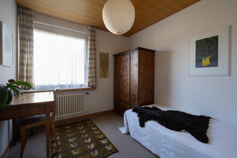 Room: bed, desk, wooden chair, wooden cabinet, radiator, window with curtains, lamp, framed picture, rug, plant