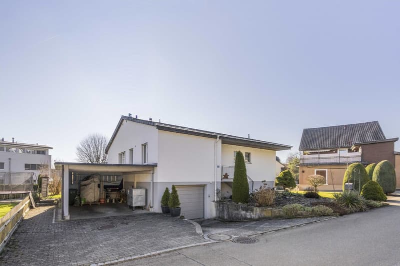 Single family house, white exterior, 2 garages, driveway, well-maintained garden