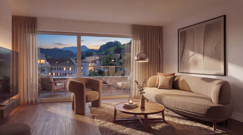 large windows, balcony, couch, coffee table, armchair, floor lamp, TV, rug, picture frame