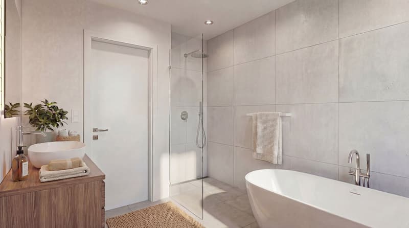 modern bathroom with white tiles, glass shower, white sink, wooden cabinet, bathtub, towel rack