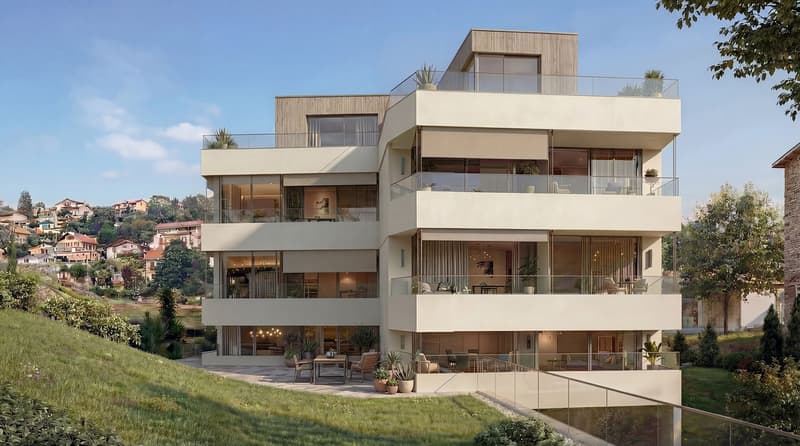 4 story house, raised ground floor, multiple balconies, modern design, large windows, outdoor dining area