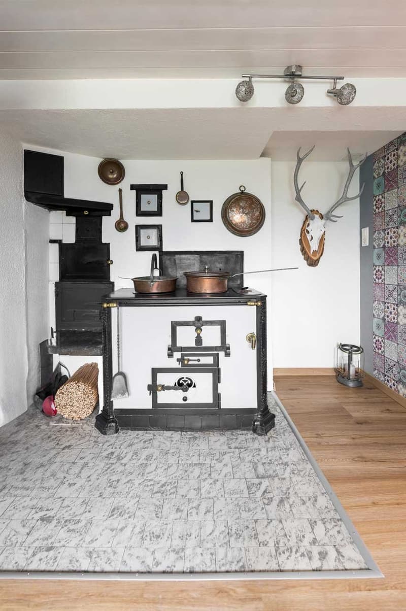 Classic style room with wooden floors, white walls, traditional fireplace, decorative deer head, kitchen with oven, decorative elements like frames and clocks on the wall, and a carpet.