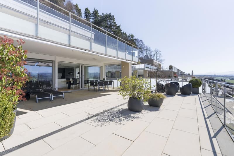 Outdoor terrace with glass railings, lounge chairs, dining table, potted plants, and a view of the surrounding area.