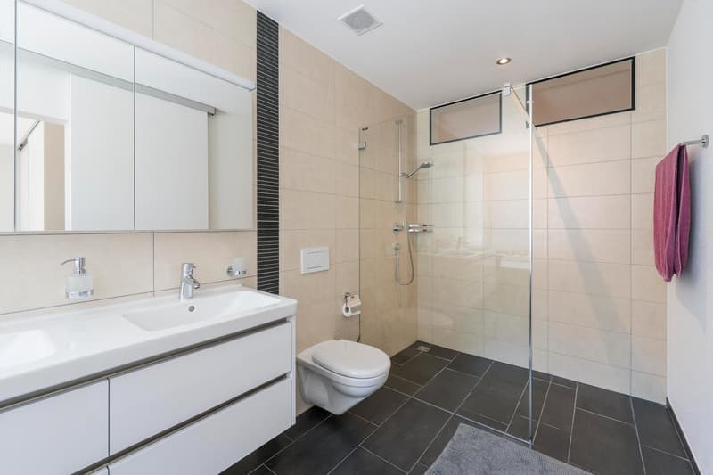 modern bathroom with white tiles, glass shower, white sink, white toilet, towel rack