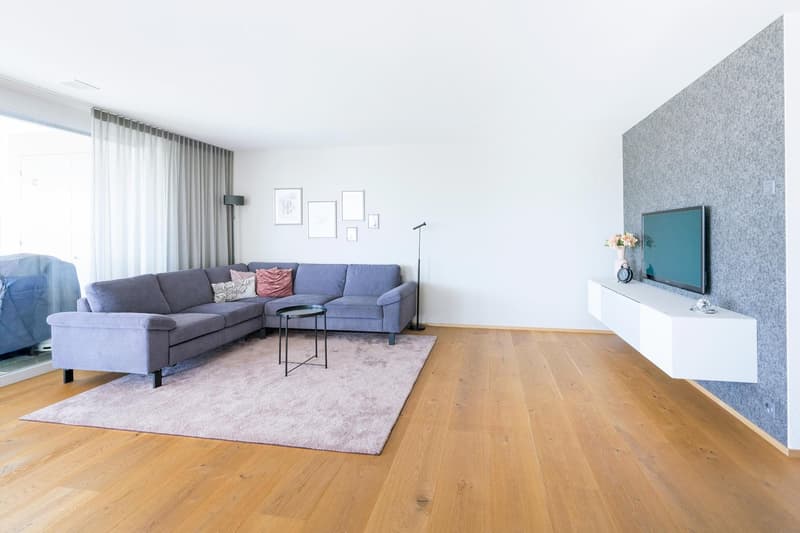 modern living room, gray sofa, wooden floor, white walls, large windows, TV, coffee table, floor lamp, decorative items