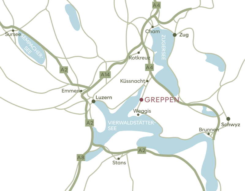 Map showing location of Greppen, with roads and nearby towns marked.