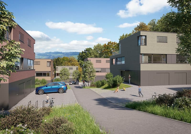 Modern town complex of five residential buildings, including garages, pedestrian area and bicycles, several people walking in the front