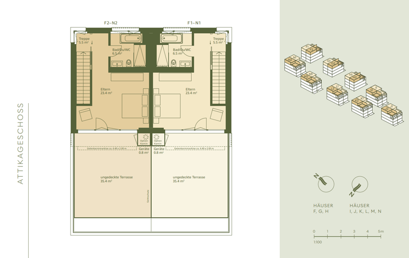 Two floors with living room, kitchen, 2 bedrooms, bathroom, stairs, storage room, entrance, and uncovered terraces