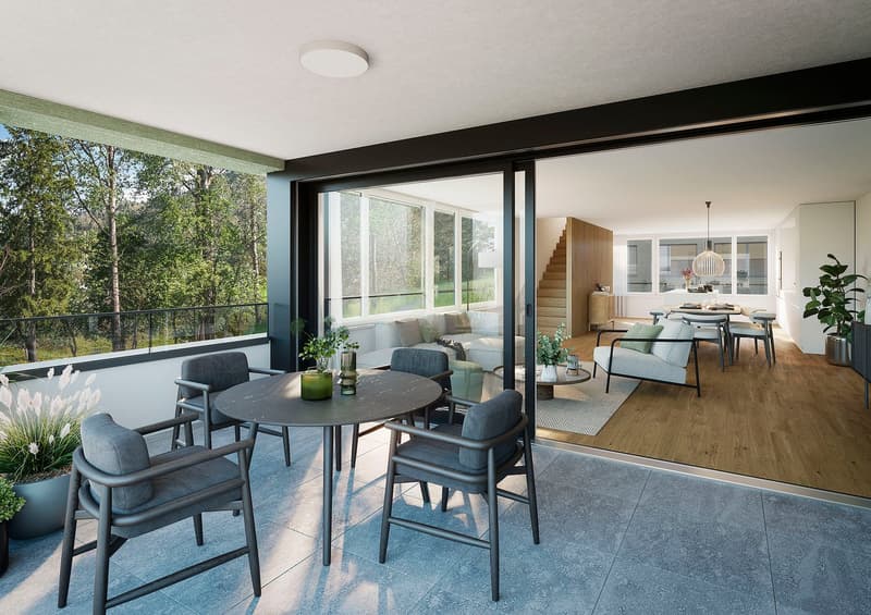 Terrace with modern seating, round table, lush greenery, view of the forest
