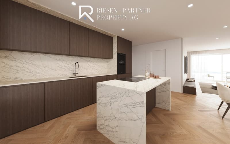 marble countertop, marble backsplash, wooden cabinets, gas stove, double sink, faucet, wooden floor