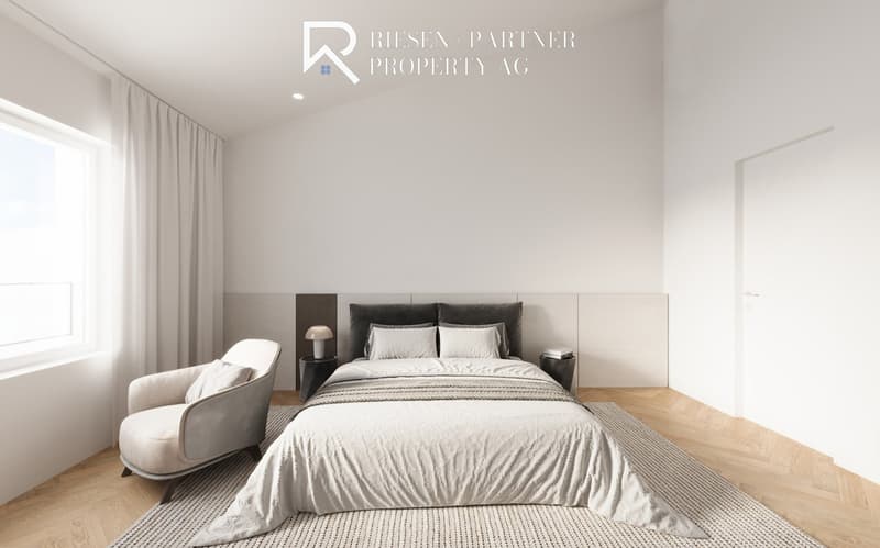 Bed, pillows, blanket, white couch, carpet, nightstands, lamps, window with white curtains