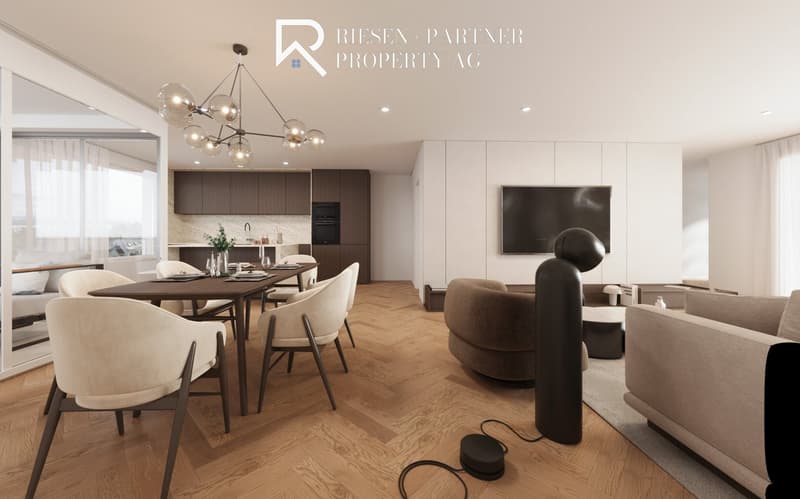 dining table with 6 chairs, modern chandelier, open kitchen, living room with couch, tv, black speaker