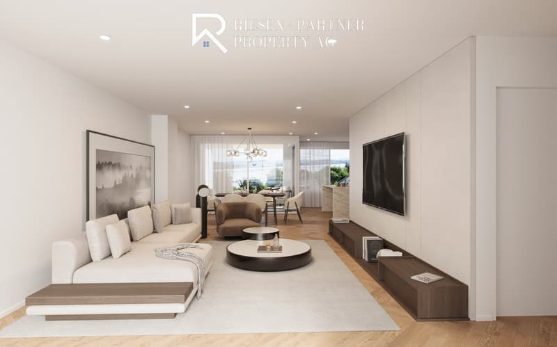 modern design, white walls, hardwood flooring, large windows, TV, comfortable seating, coffee table, chandelier, dining area with table and chairs