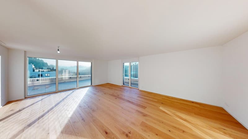 wooden floor, large sliding glass doors, balcony, balcony railing, view to outside, white walls