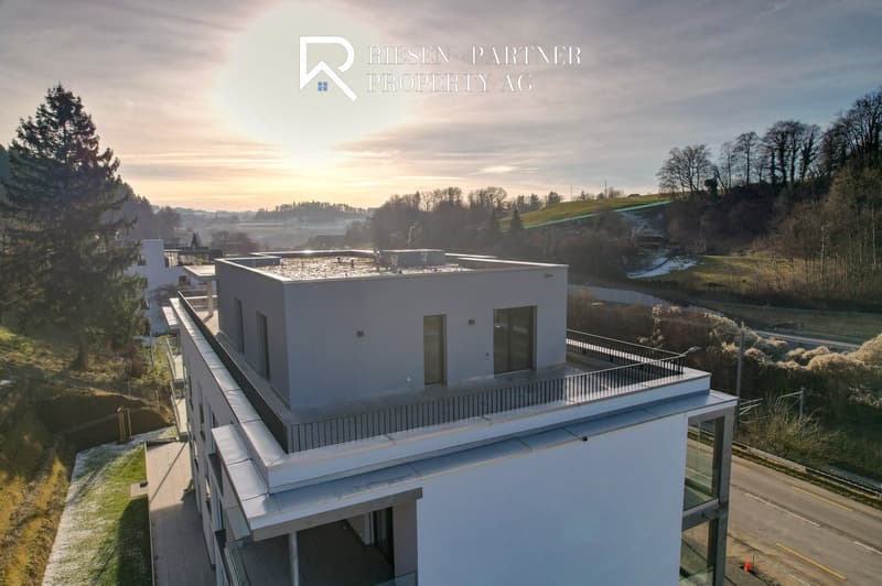Modern apartment building, rooftop terrace, balcony, large glass windows