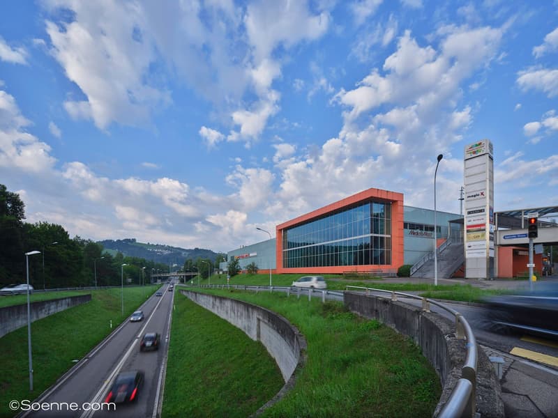 Industrial building with orange facade and glass windows, surrounded by greenery and street lights, located in the countryside