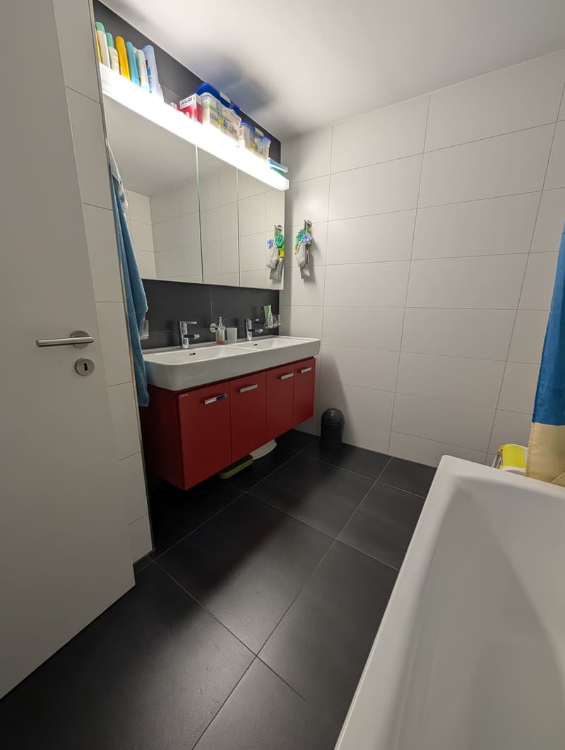 Double sink, red cabinet, bathtub, black floor tiles, white wall tiles, small mirror above sink, shelf with toiletries, trash bin.