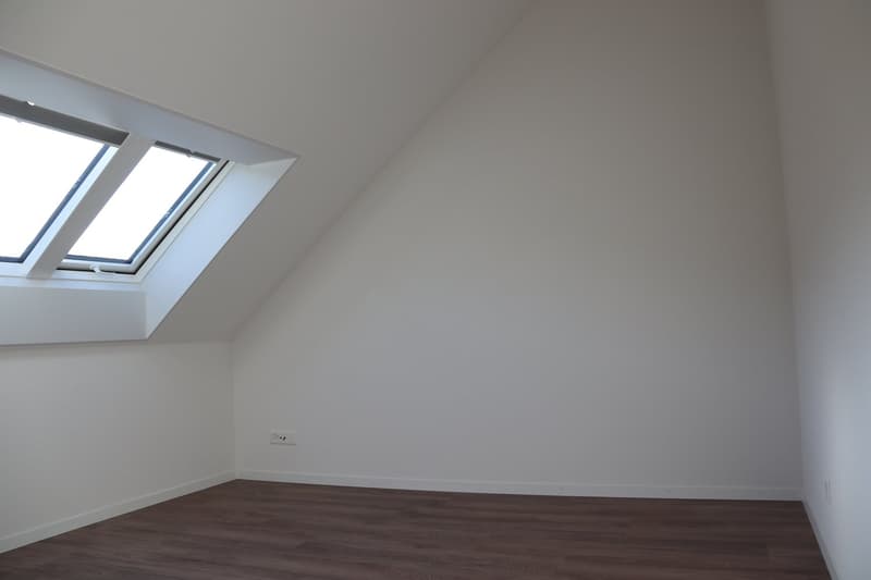 empty room, white walls, wooden floor, two windows, white trim, power outlet