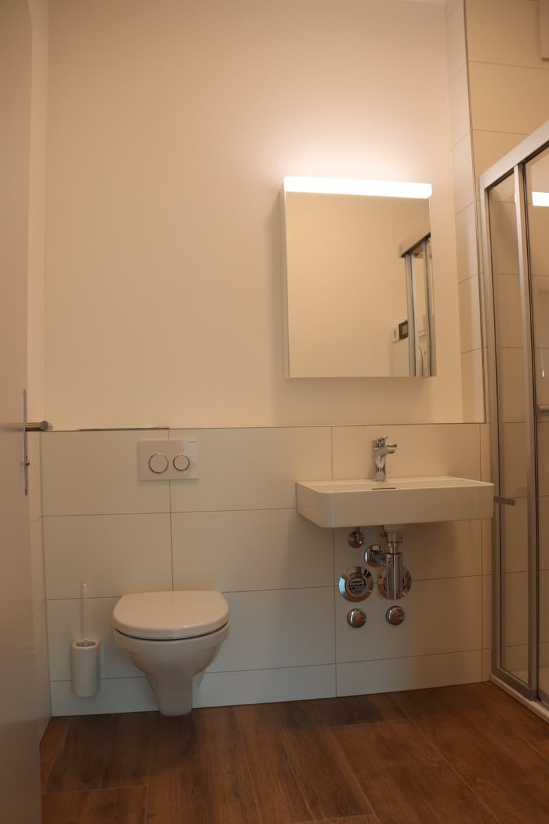 Small bathroom with a white toilet, sink, mirror, and shower enclosure
