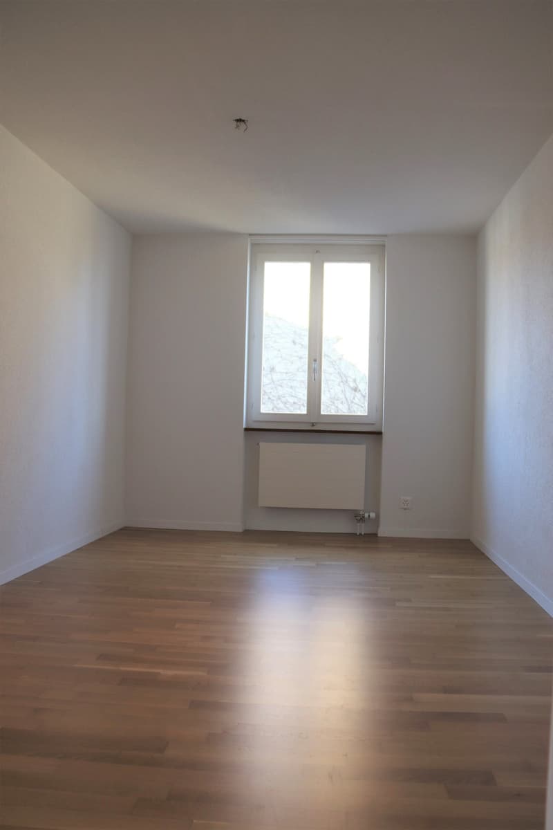 empty room, wooden floor, white walls, window, radiator