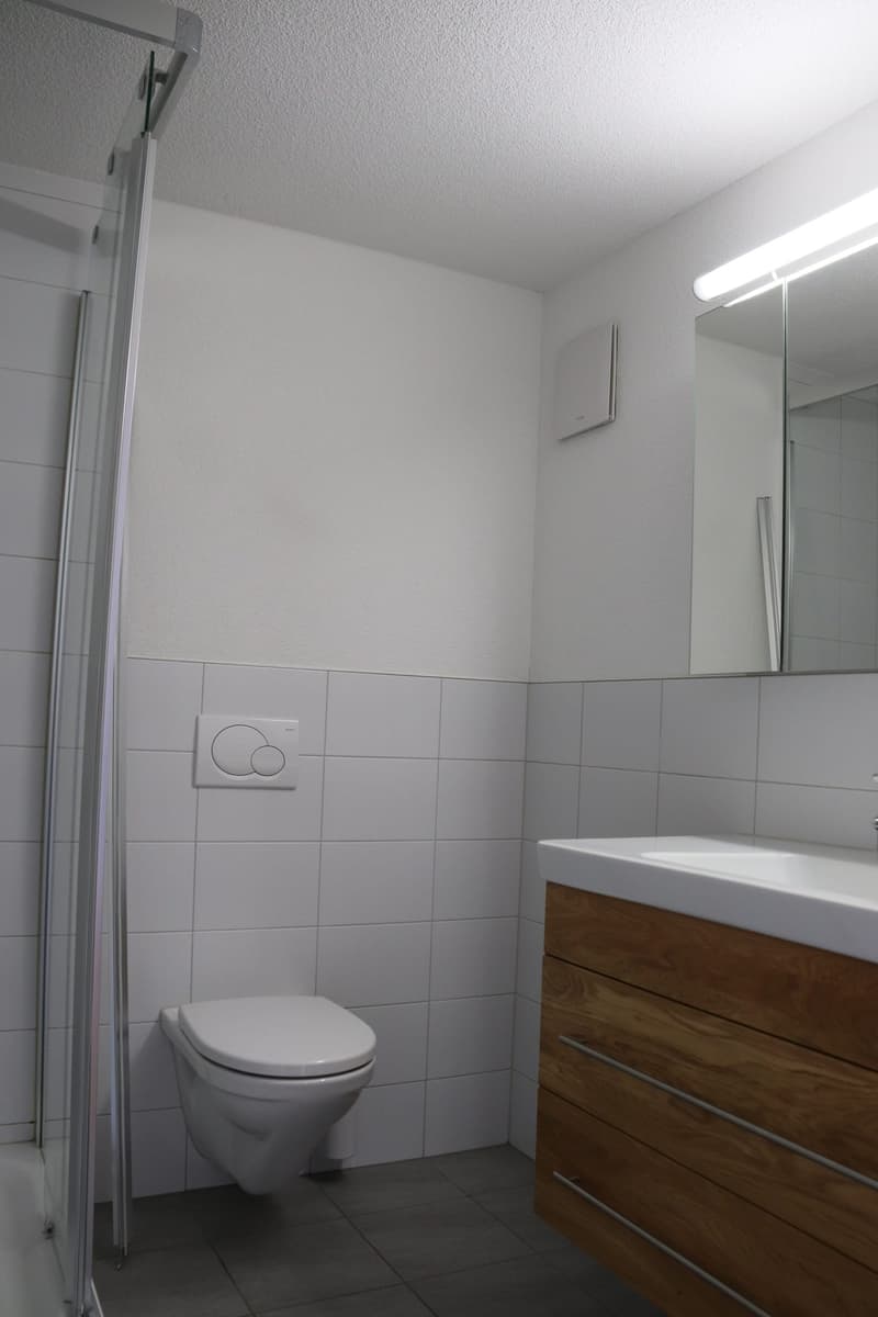 modern bathroom with white tiles, white toilet, white sink, wooden cabinet, mirror, shower