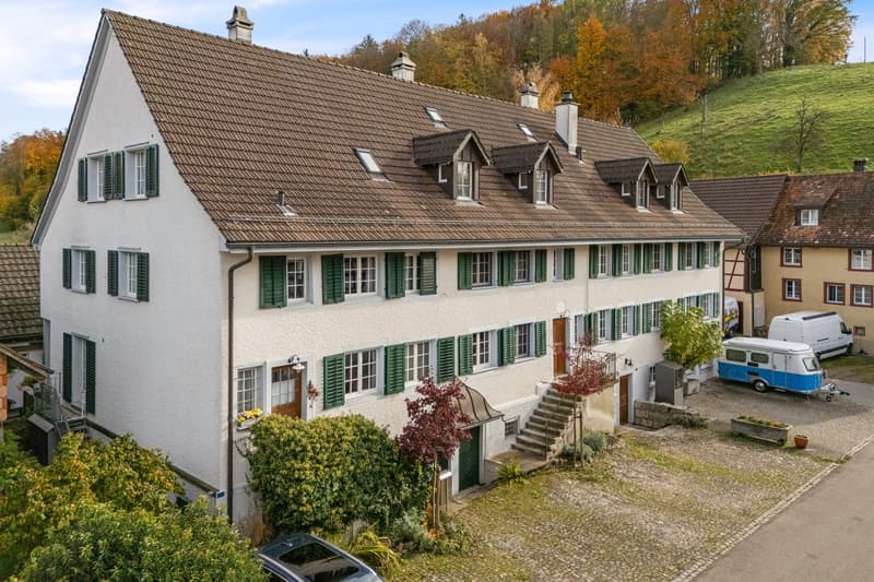 3 story house, brown roof, green shutters, white walls, multiple windows, garden, stairs, car parked in front