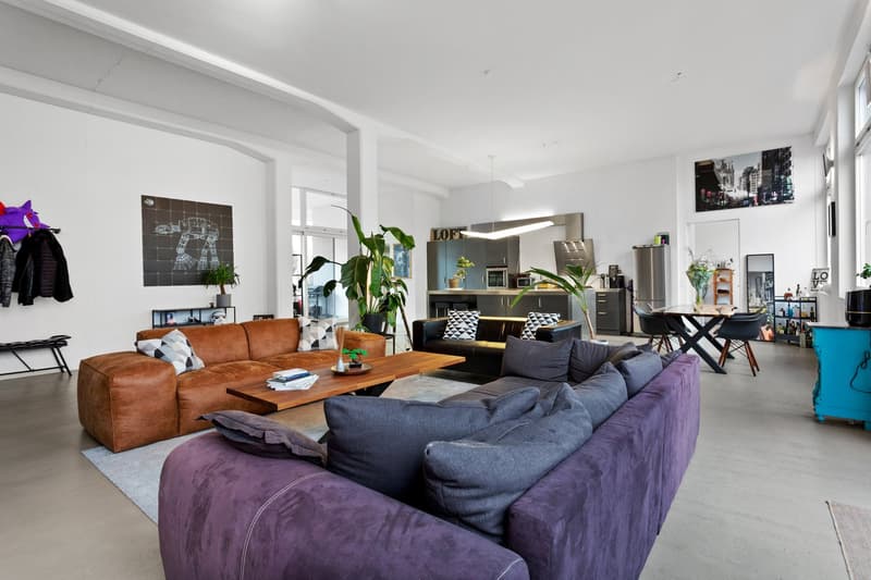 open space, modern design, large windows, brown and purple sofas, wooden coffee table, dining table, kitchen area, plants, artwork