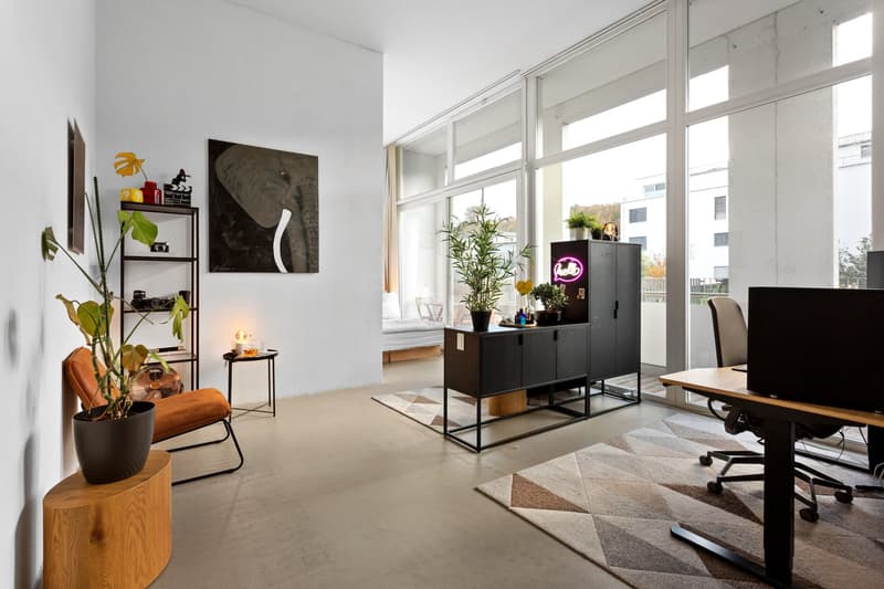 modern interior, white walls, large windows, wooden desk, office chair, black cabinet, plants, rug, orange chair, wooden table, lamp, painting