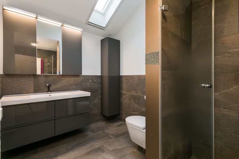 Modern bathroom with dark gray tile flooring, a large vanity with double sinks, a toilet, and a glass shower enclosure. The room has a skylight and built-in storage cabinets.