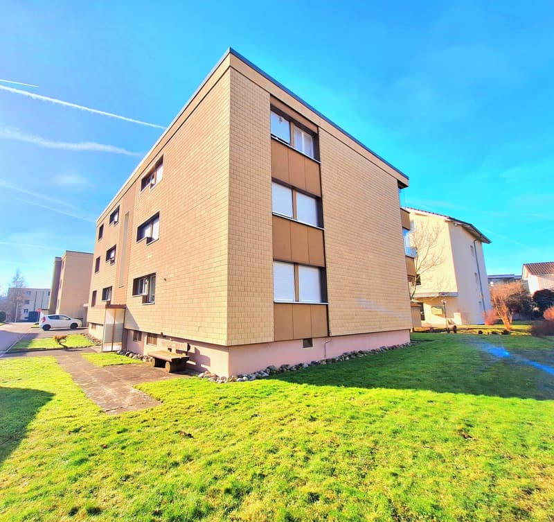 Multi-story apartment building, brick, windows, paved path, green lawn, parked car