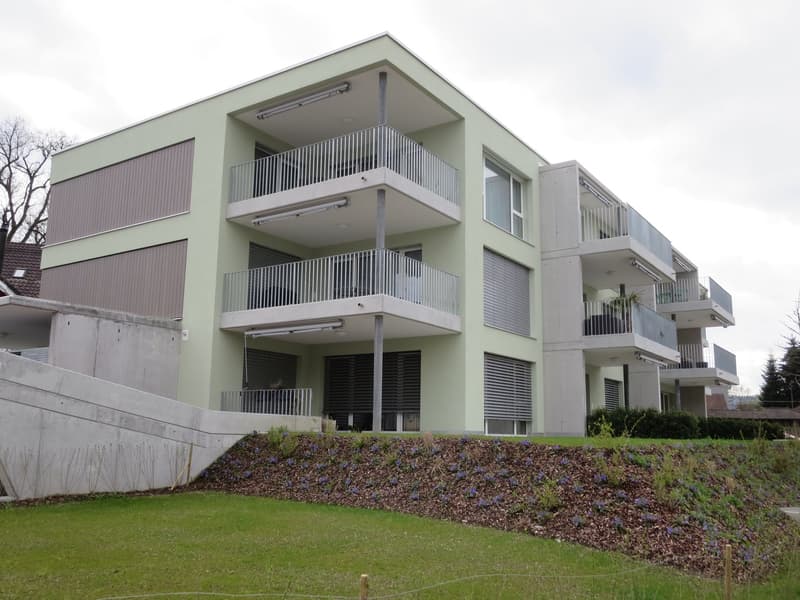 green building, raised ground floor, 5 floors, multiple balconies, ground cover with flowers