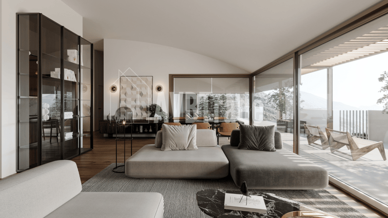 L-shaped sofa, glass bookcase, glass doors, glass windows, wooden floor