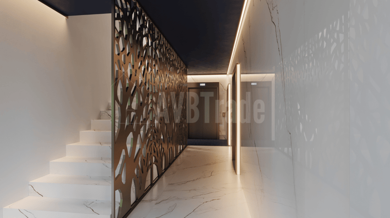 staircase with white marble steps, marble floor, brown patterned wall screen, white marble walls