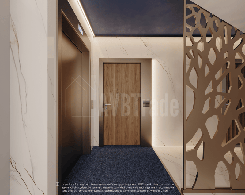 modern hallway, wooden door, blue carpet, decorative panels, marble walls