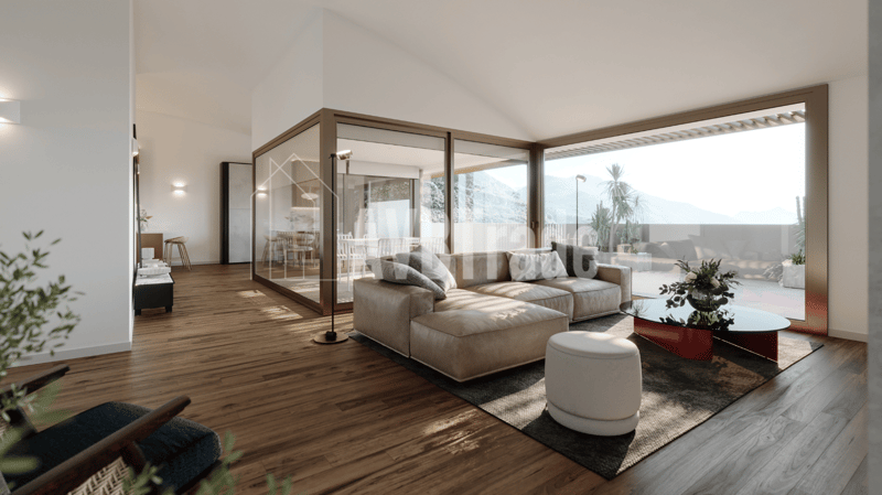 living room, wooden floor, L-shaped sofa, table, glass doors, balcony
