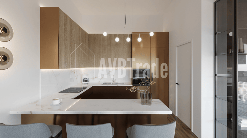 modern kitchen with marble countertops, wooden cabinets, modern appliances, pendant lights, floor heating