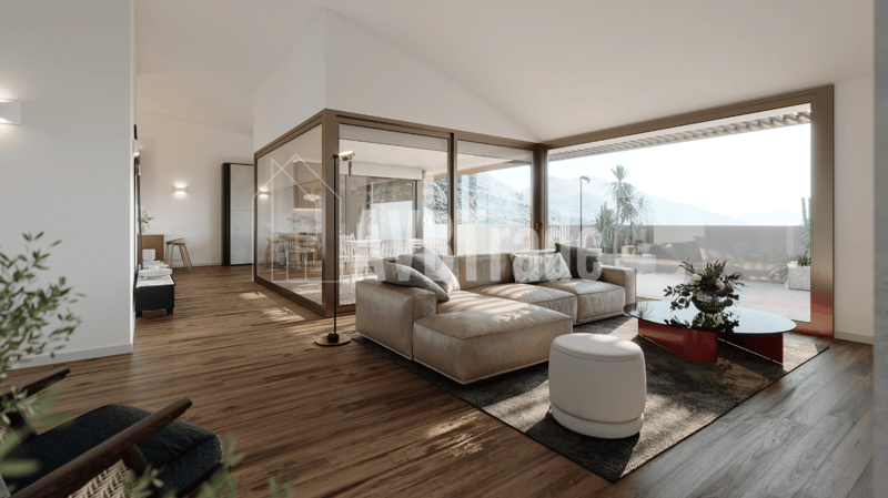 living room, wooden floor, L-shaped sofa, table, glass doors, balcony