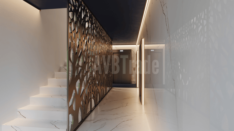 staircase with white marble steps, marble floor, brown patterned wall screen, white marble walls