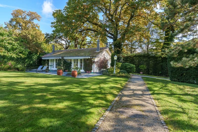 Detached house, located in a green area, surrounded by trees, lawn, large chimney, outdoor loungers, pathway, and garden