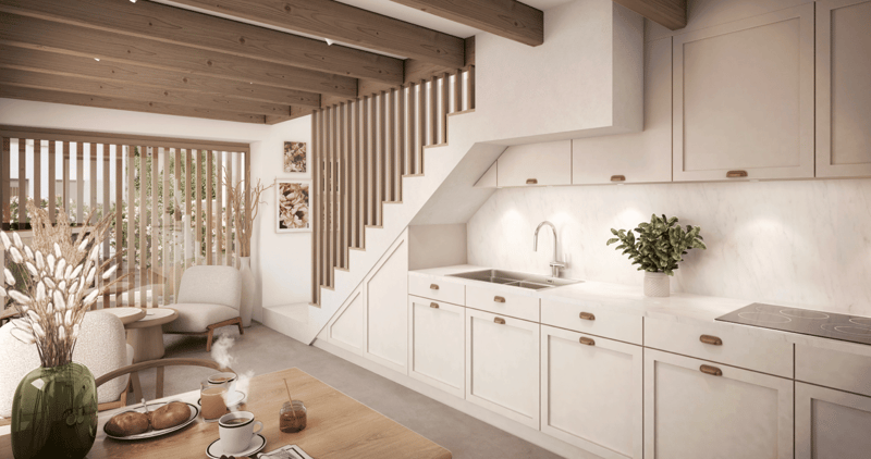 Open plan kitchen-dining with modern wooden cabinets, a marble countertop, a sink with faucet, a gas stove, a stove hood above, a staircase, a vase, a potted plant, a dining table with food, a wooden chair, a white armchair