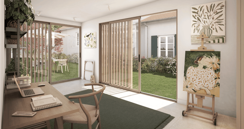 wooden chair, wooden desk, glass sliding doors, laptop, books, painting, garden view