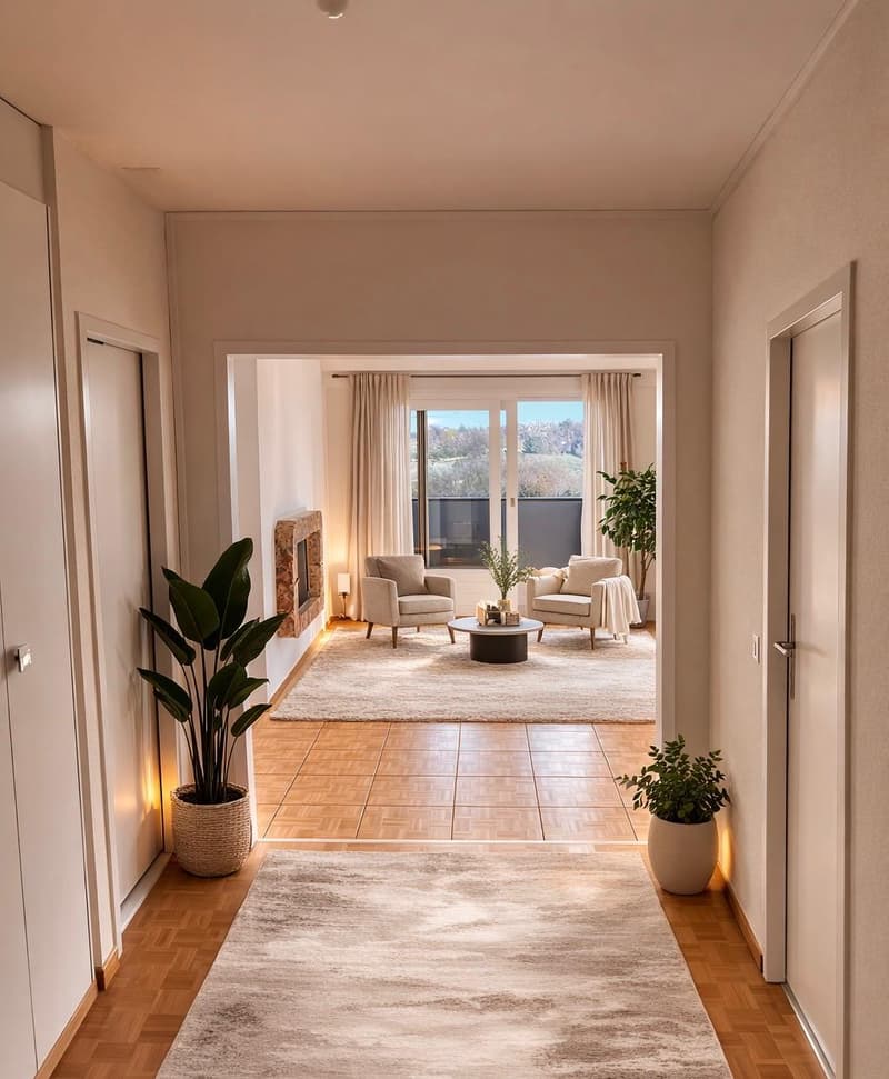 bright corridor with wooden flooring, living room with fireplace and balcony, white walls and ceiling, white furniture, large window with curtains, two armchairs, coffee table, potted plants