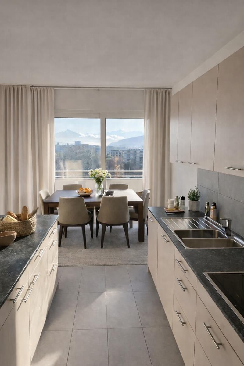 modern kitchen, marble counter, oak wood cabinets, double sink, granite backsplash, large windows, dining area, large rug