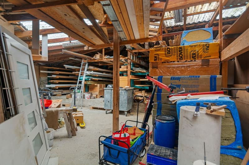 cluttered shed with ladder, trolleys, and boxes