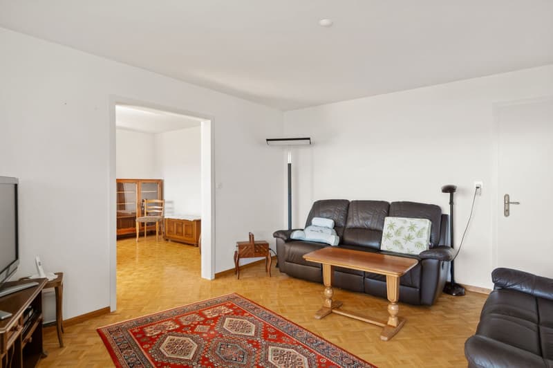 wooden parquet flooring, white walls, L-shaped leather sofa, coffee table, armchair, floor lamp, rug, TV, side table