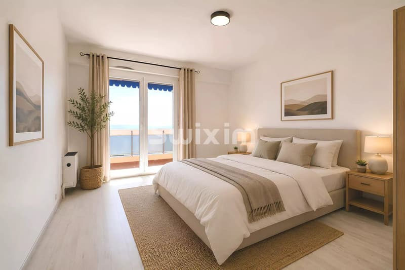 Chambre lumineuse avec vue sur la mer, équipée de lits confortables et d'une décoration moderne.